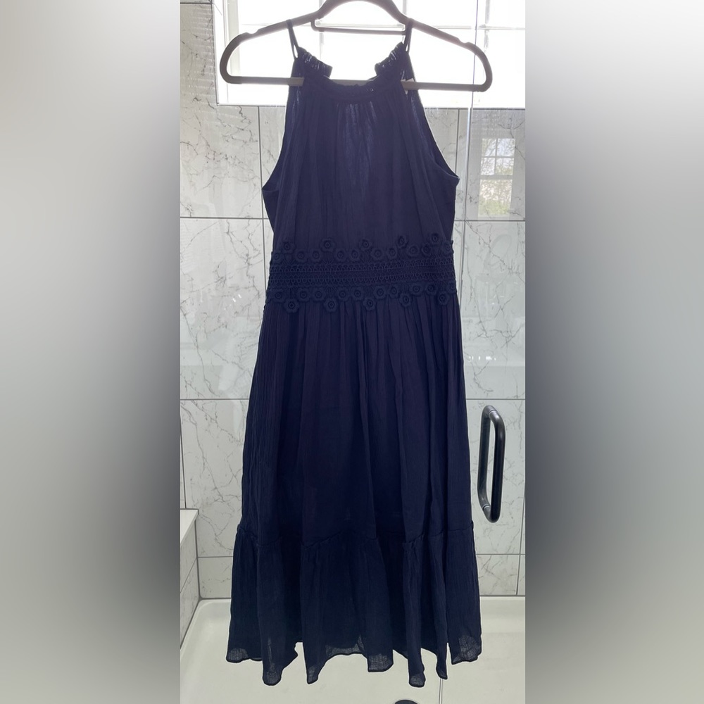 Navy blue midi halter dress with crochet waist detailing